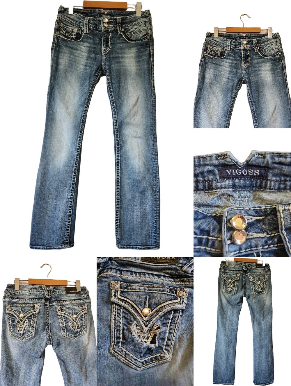 Y2K Vigoss New York Boot Cut Embellished Thick Stitch Rhinestone Jeans 28x33